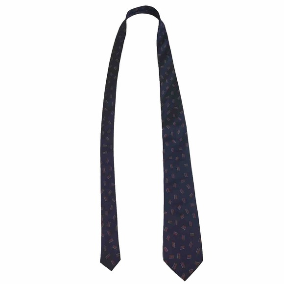 JOLIE FEMME Men's 100% Silk Necktie Designer Geometric Navy Blue W Red VTG RARE - Picture 8 of 8
